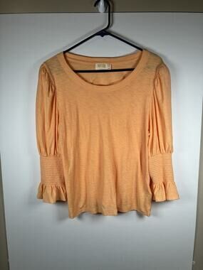 Nation LTD L Peach Pima Cotton Smocked Puff Sleeve Peasant Top Boho Loren Slub